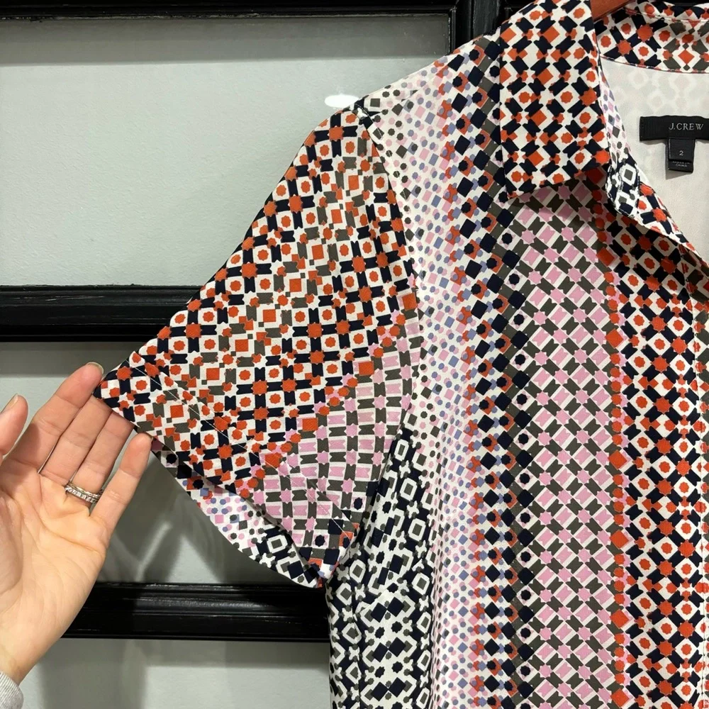 J. Crew Silk Shirt Dress Multicolor Geometric Print Career Casual Resort Size 2